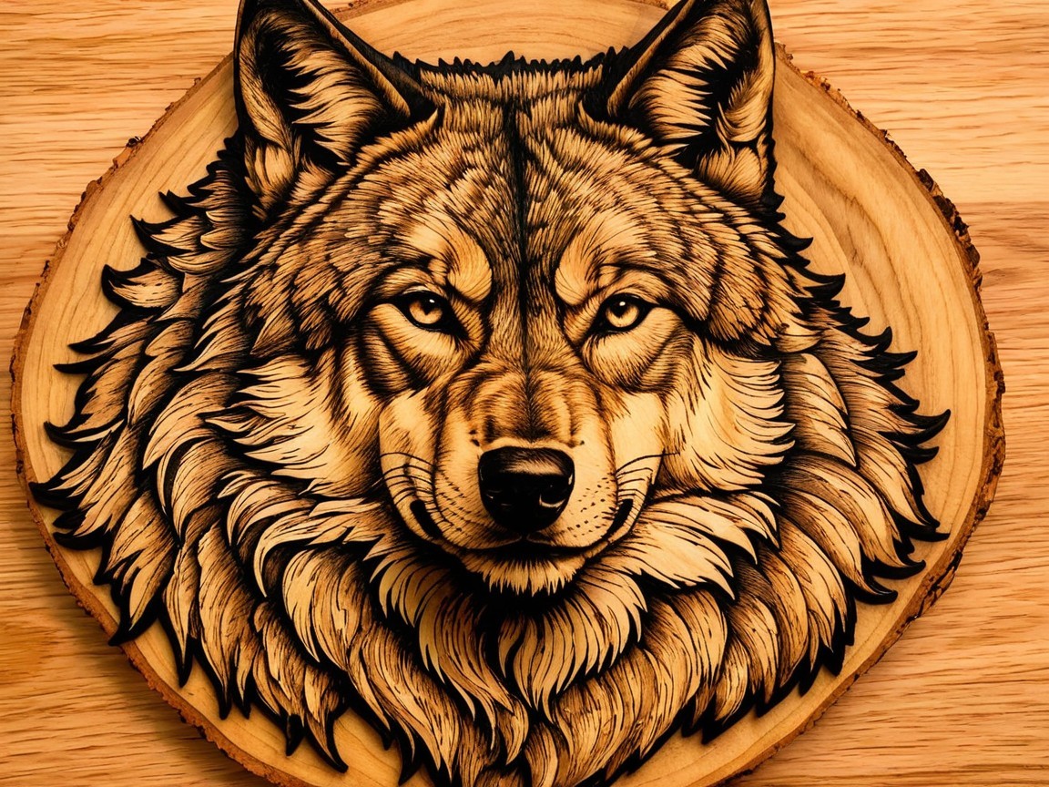 Detailed Wood Carving of a Wolf's Head on Wood Slice