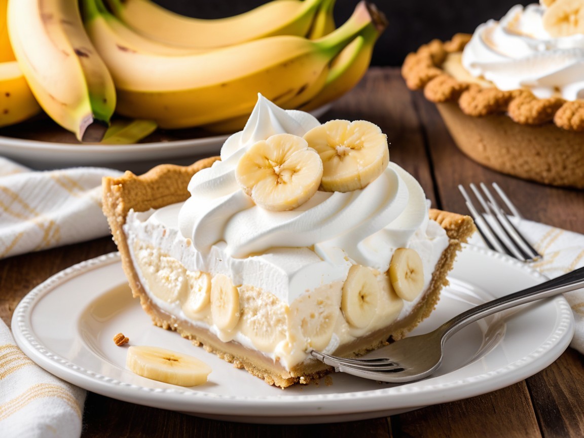 Banana cream pie with whipped cream and ripe bananas