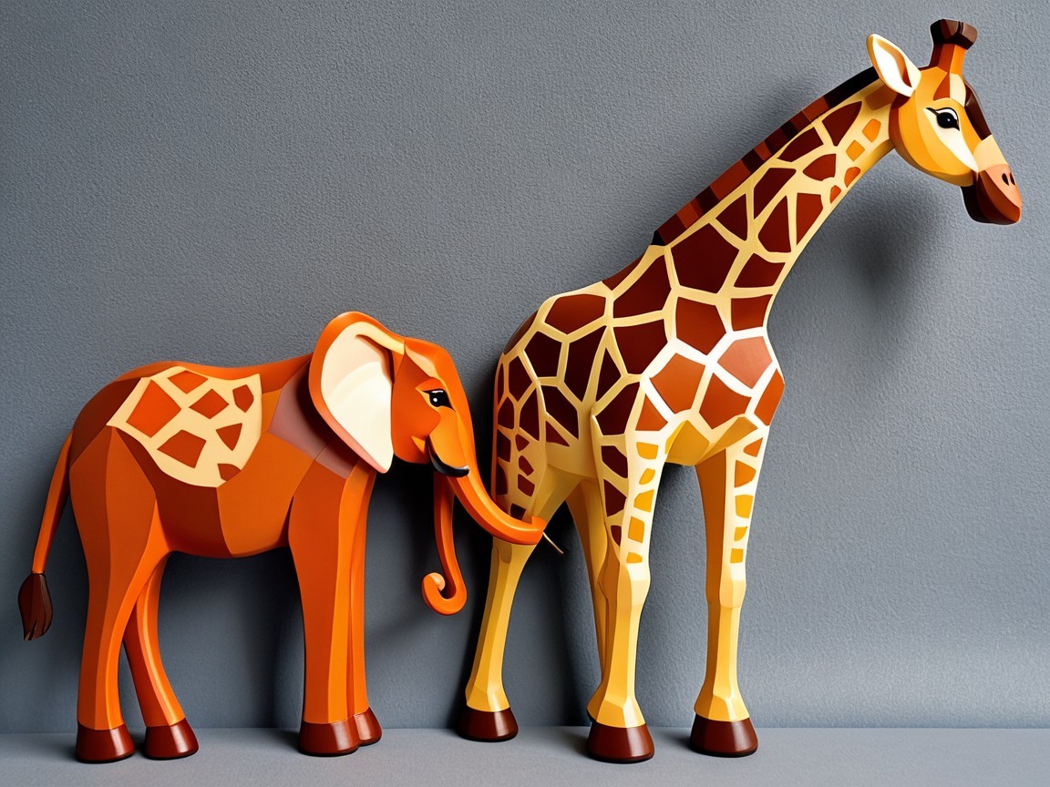 Origami Elephant and Giraffe Digital Artwork Description