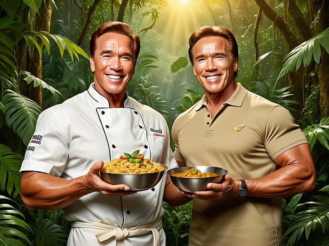 Muscular Men in Jungle with Bowls of Pasta
