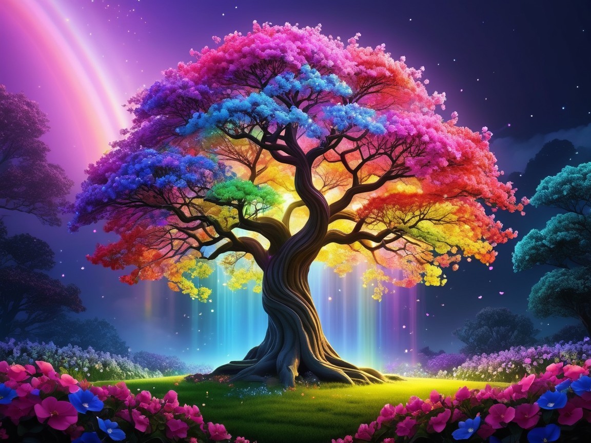Multicolored tree in a vibrant, enchanting landscape