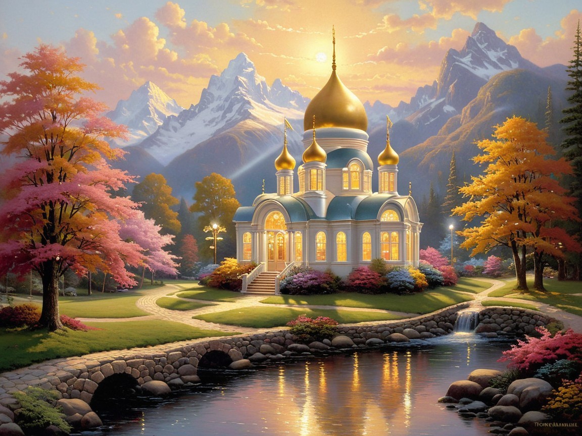 Ornate building with golden domes in autumn landscape