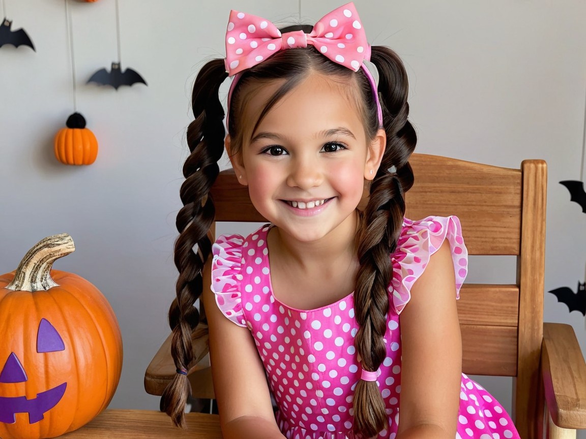 Young girl in polka dot dress with Halloween decor