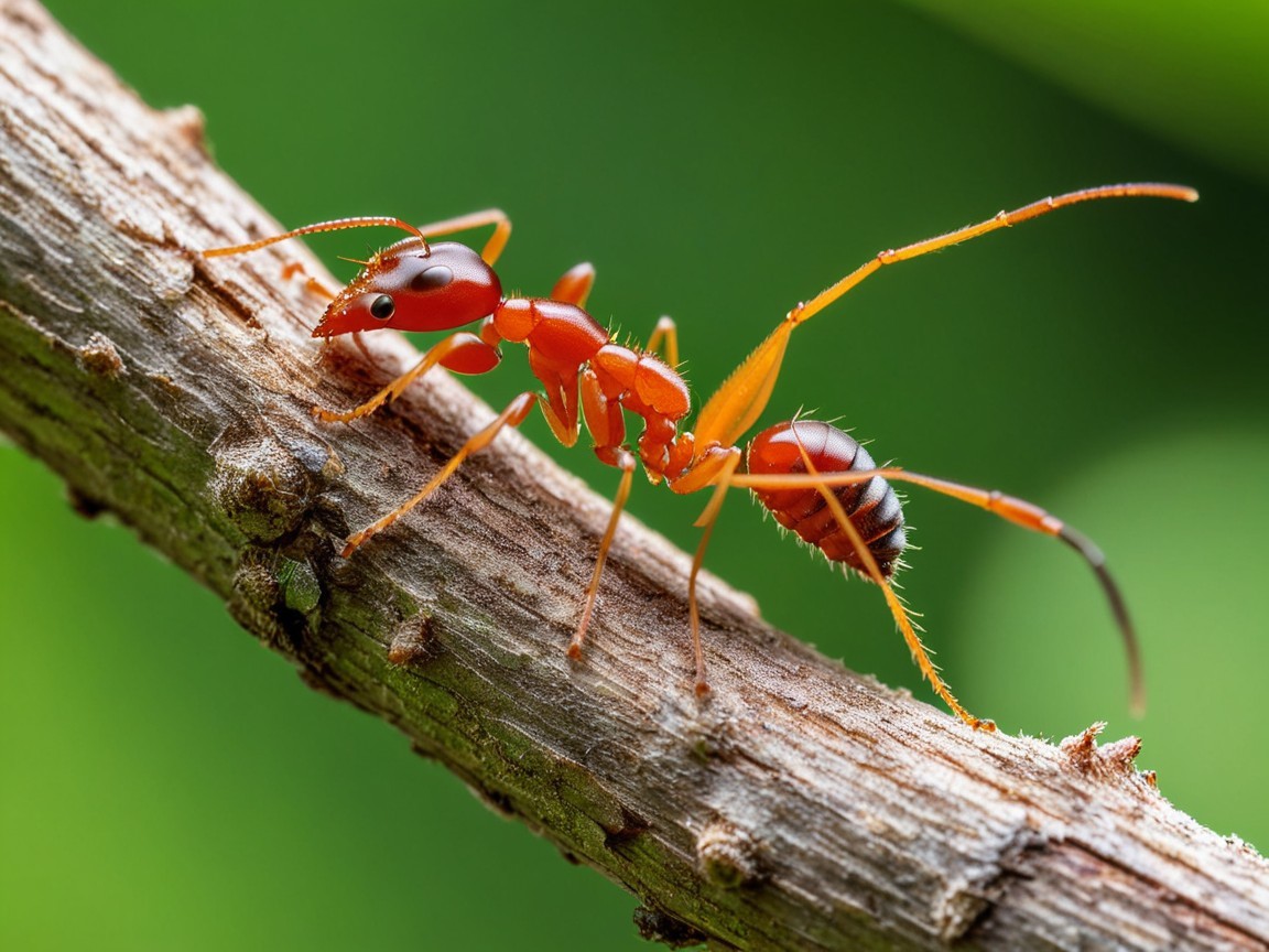 Close-up of a red ant climbing a twig with details