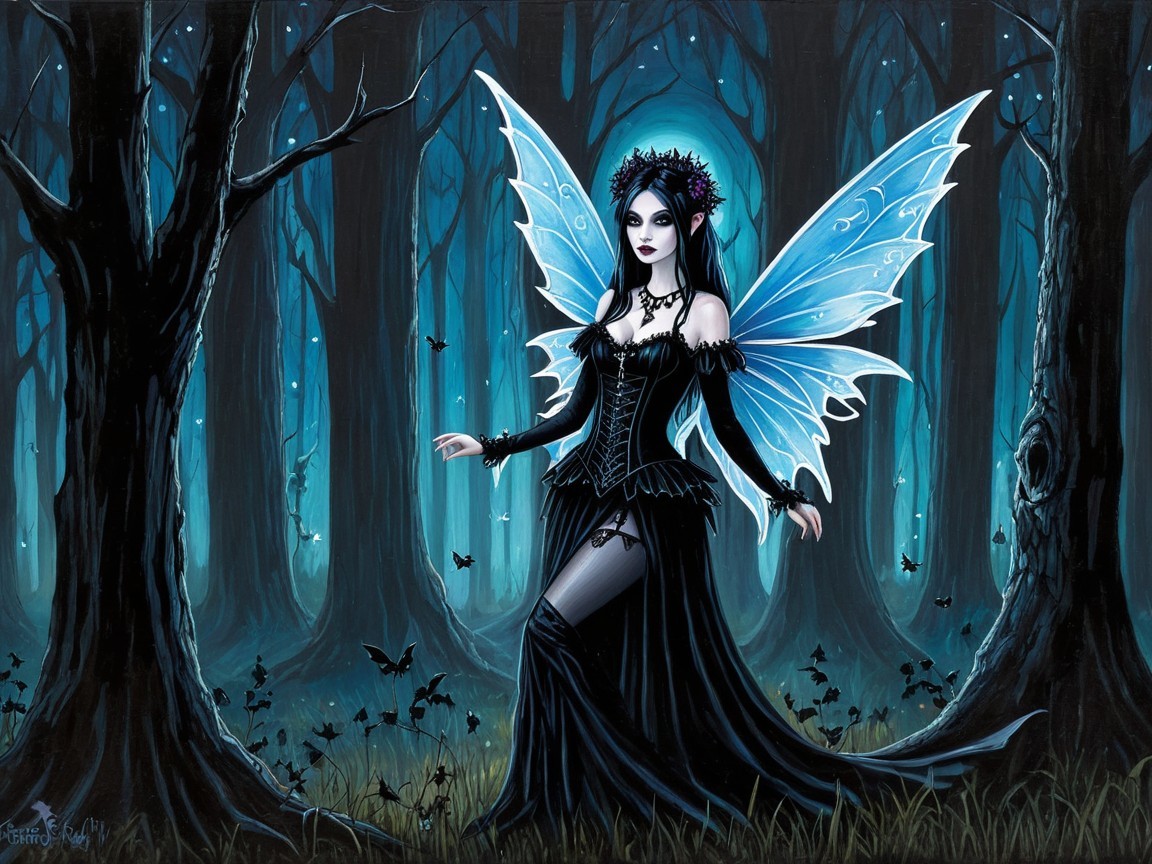 Gothic Fairy in Dark Forest with Crystalline Wings