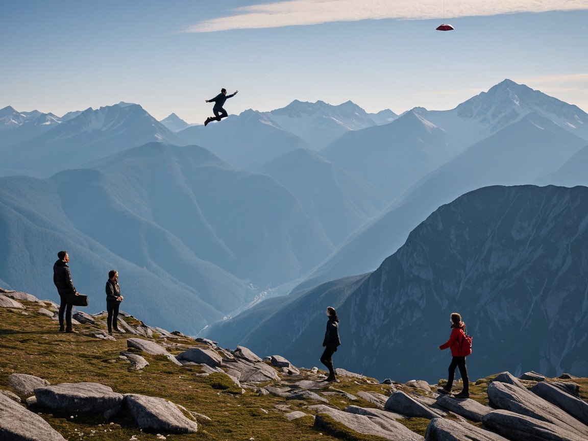 Group on Rocky Outcrop with Mountains and Clear Sky