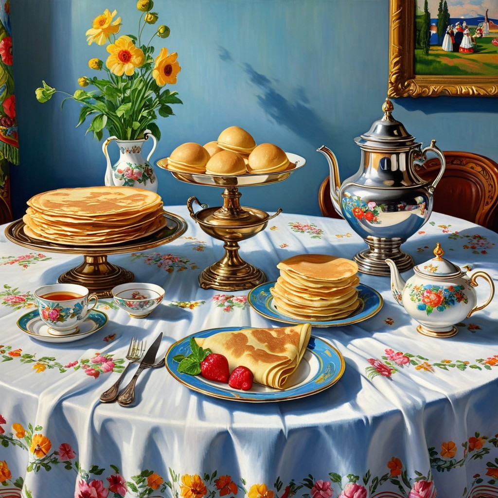 Tea Time Scene with Floral Tablecloth and Pastries