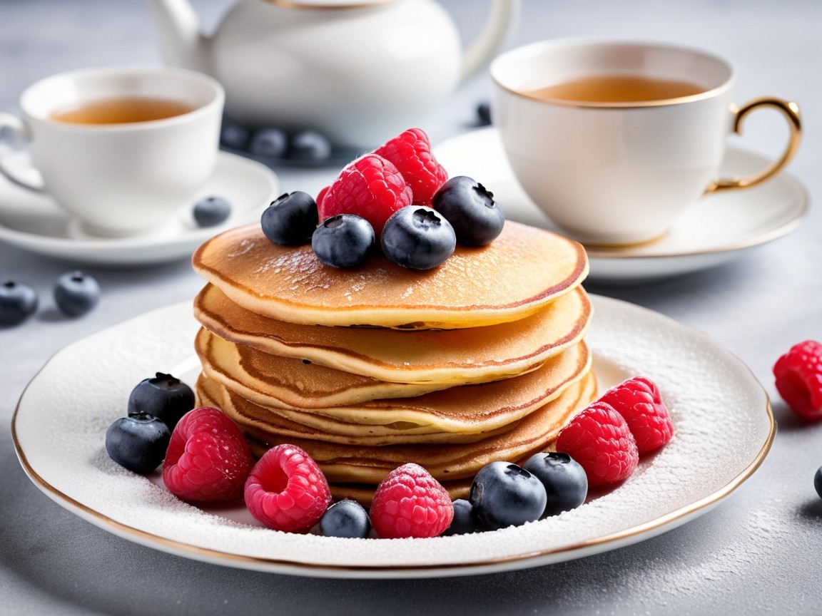 Fluffy pancakes with berries in a cozy breakfast setting