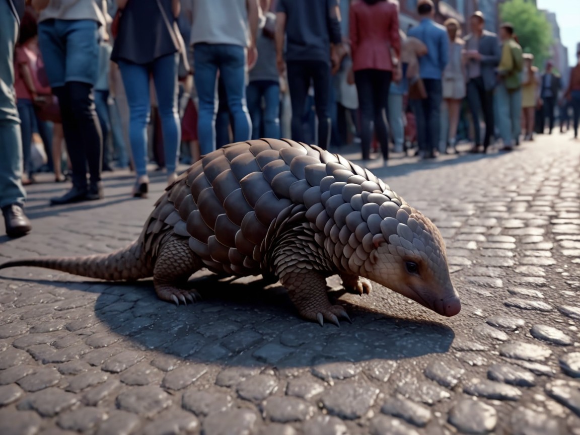 Low-angle shot of a pangolin on cobblestone street