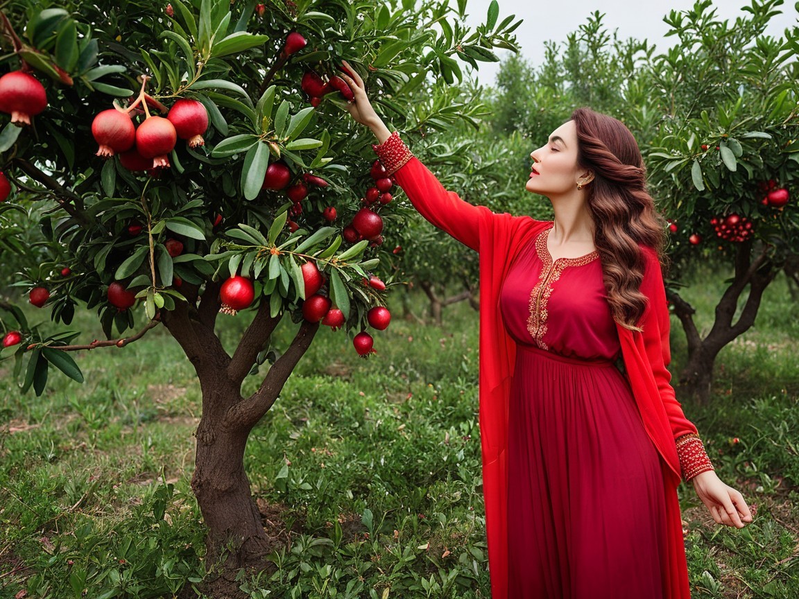 Woman in Red Gown Reaching for Pomegranates in Orchard