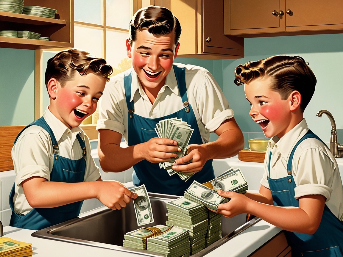 Father and sons count money in a sunny kitchen