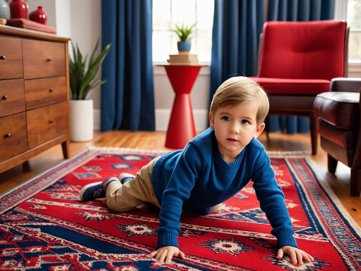 Young Boy Crawling on Red Rug in Cozy Living Room