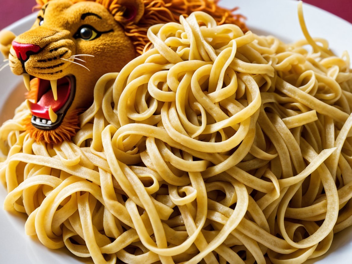 Cartoon Lion's Head with Spaghetti on White Plate