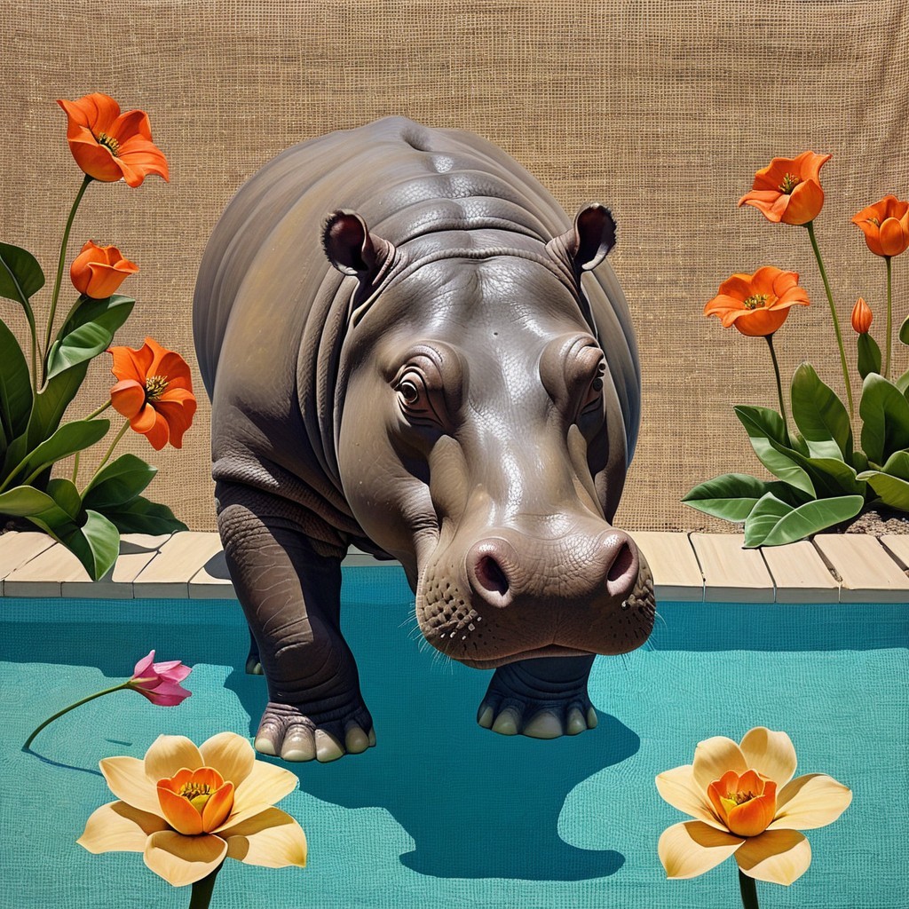 Close-Up of Hippo by Turquoise Pool with Flowers