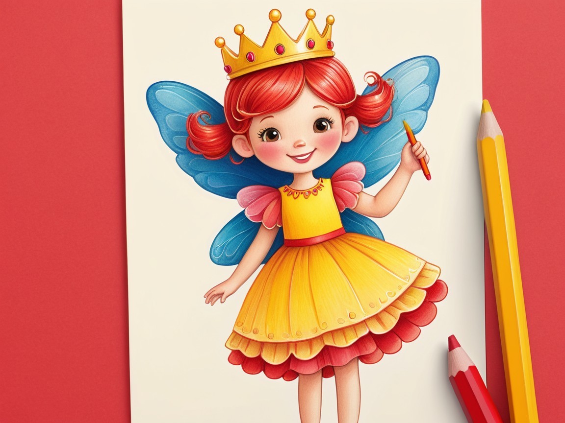 Cheerful cartoon fairy girl with red hair and wings