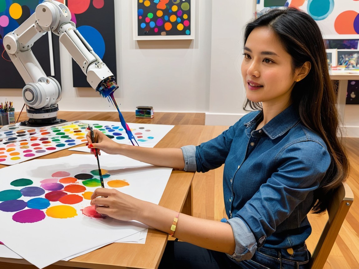 Woman Painting with Robotic Arm Assistance at Table