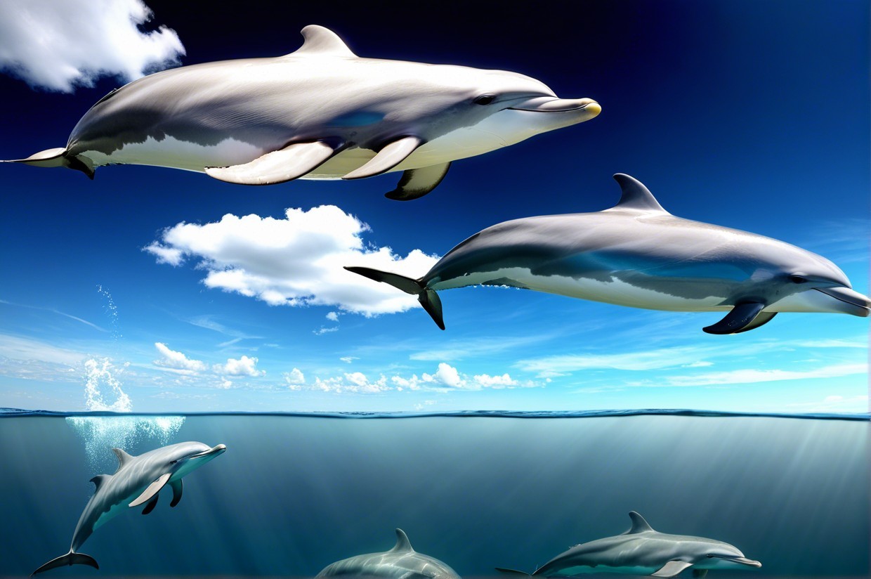 Vibrant Underwater Scene of Dolphins Swimming Gracefully