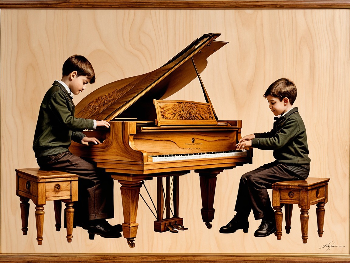 Boys Playing Piano in Matching Sweaters at Grand Piano
