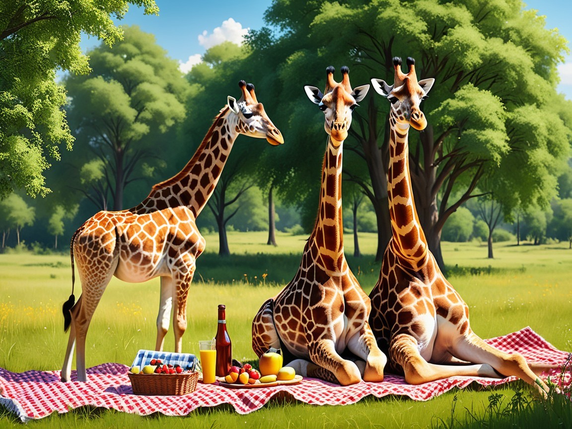 Giraffes on Picnic Blanket with Food in Park Setting