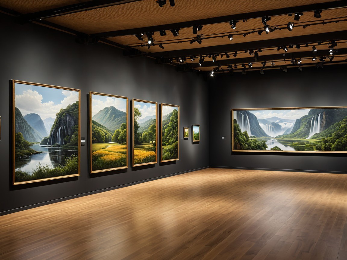 Modern Art Gallery with Large Landscape Paintings