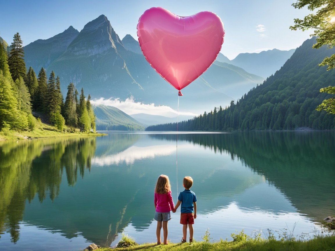 Children by a Lake with Heart-Shaped Balloon