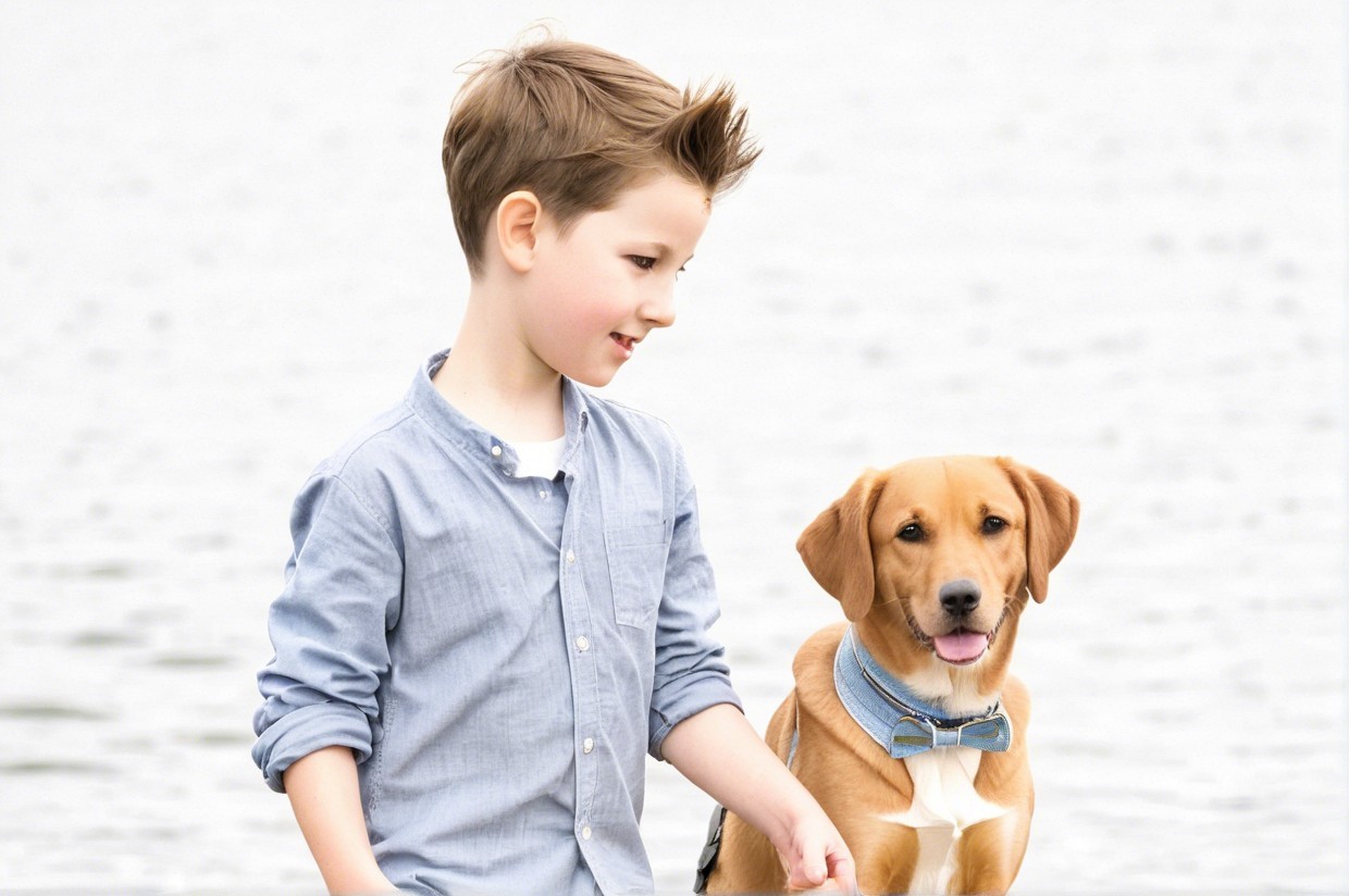 Boy with spiky hair and dog by calm water