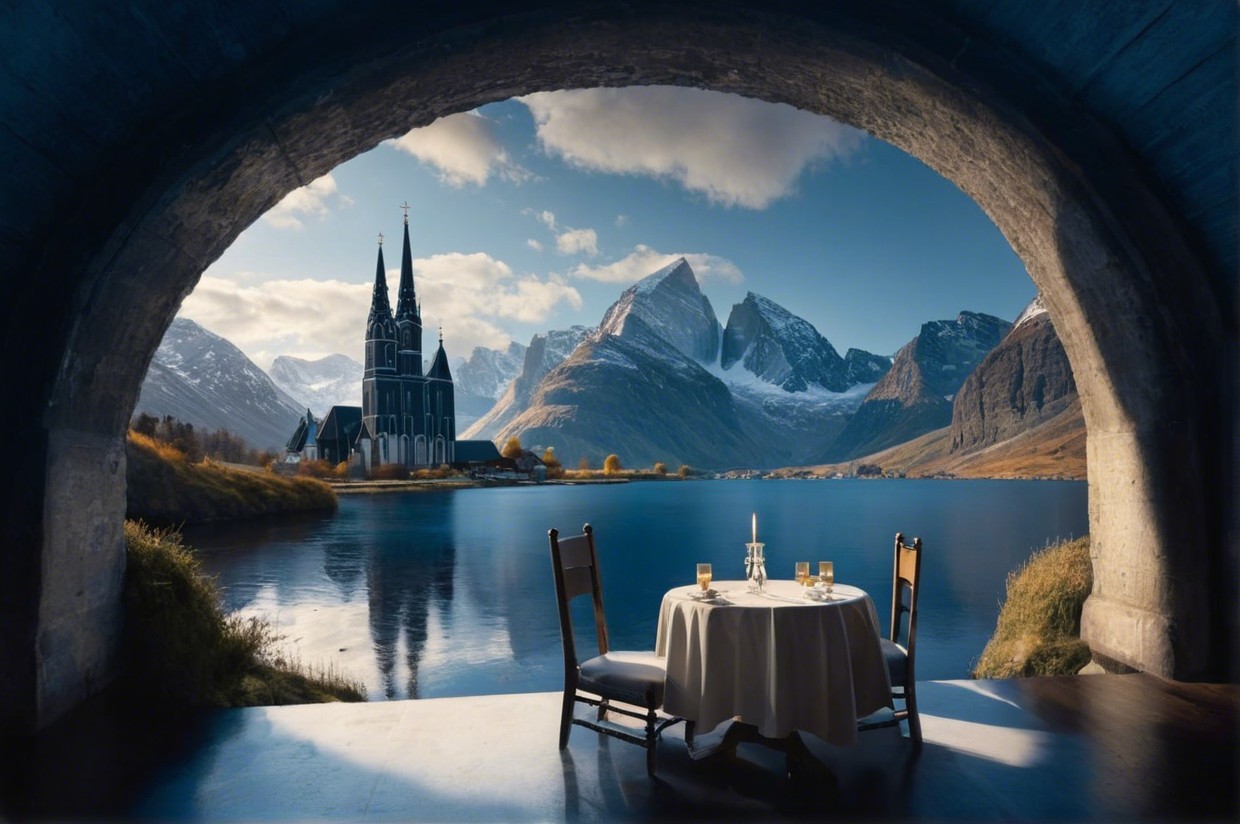 Tranquil Lake and Mountain View with Romantic Dining Setup