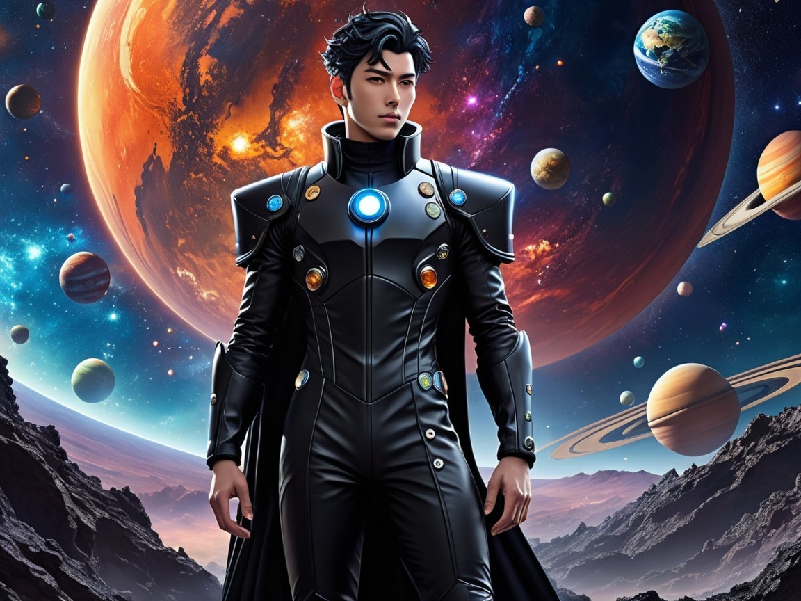 Futuristic figure in high-tech suit against cosmic backdrop