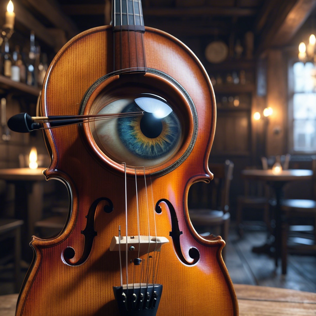 Closeup of a wooden violin with detailed eye and bow