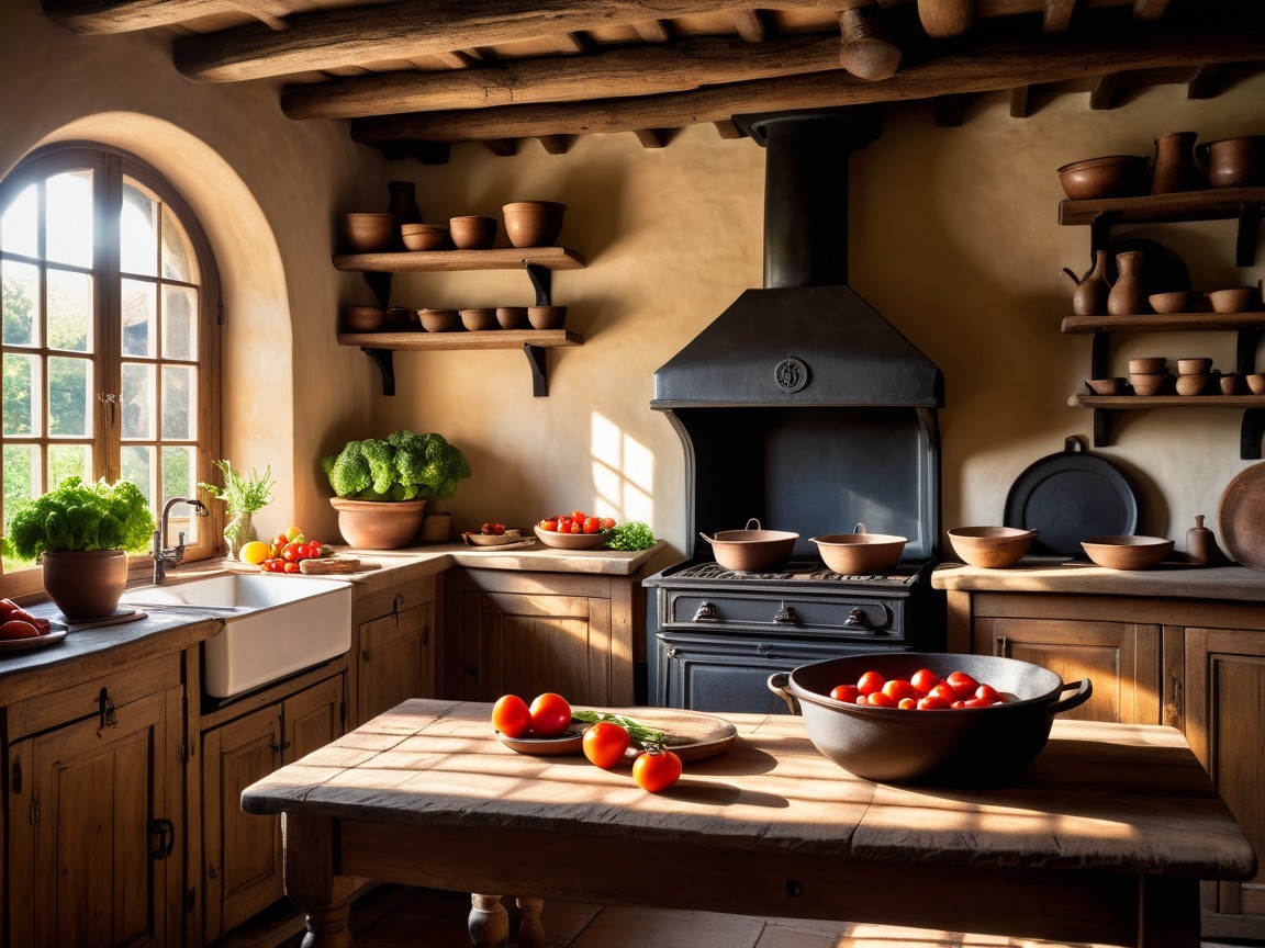 Rustic Kitchen with Wooden Beams and Earthy Tones