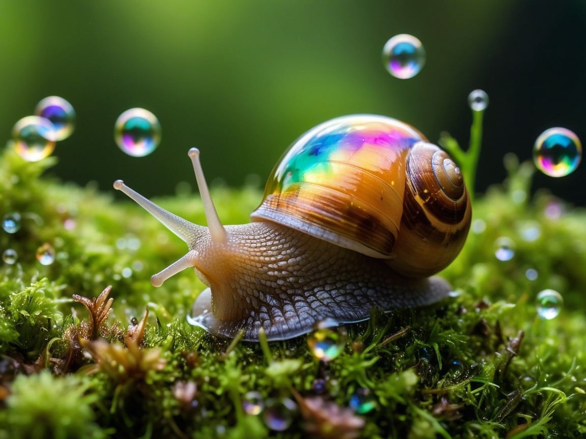 Colorful Snail on Vibrant Green Moss with Water Droplets
