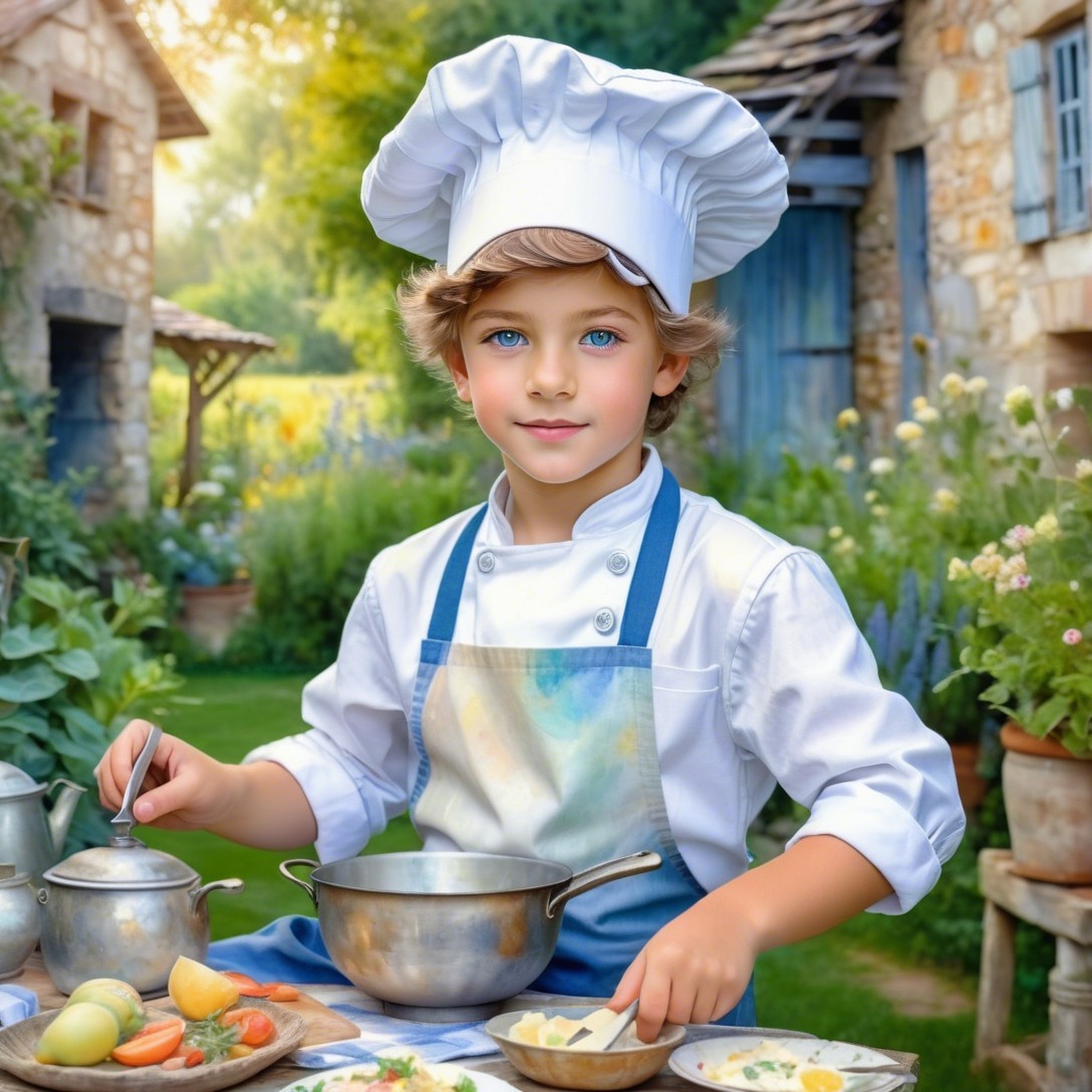 A young boy in chef attire at a rustic table
