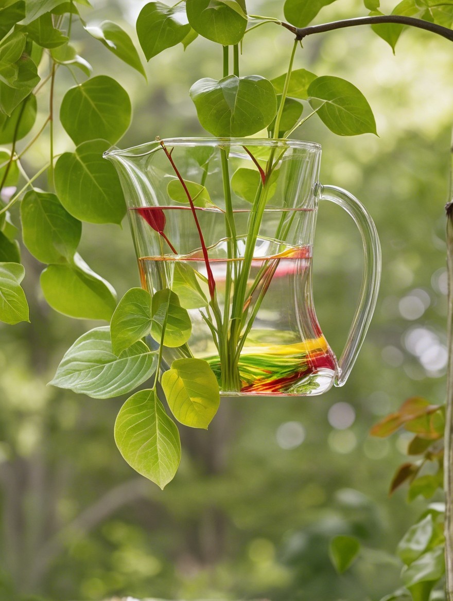 Transparent pitcher with vibrant stems in greenery