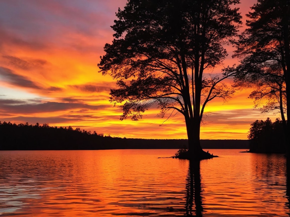 Lakeside Sunset with Vibrant Colors and Silhouetted Tree