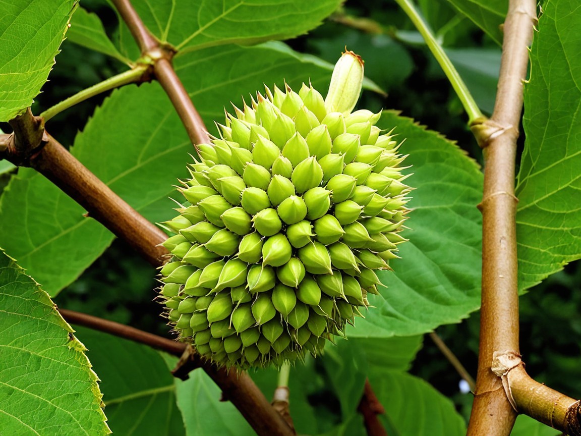 Spiky Green Fruit on Branch Surrounded by Leaves