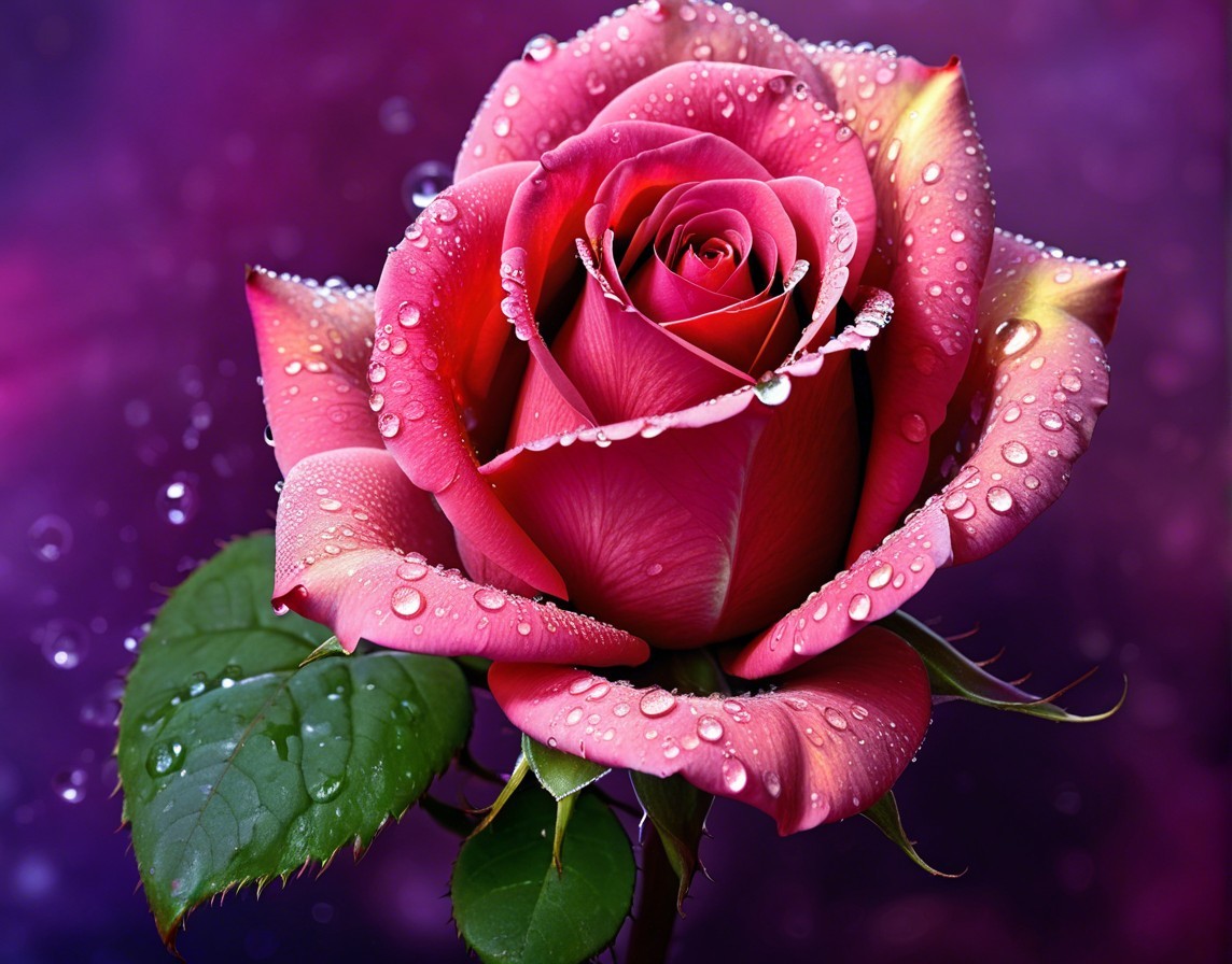 Pink Rose with Raindrops and Green Leaves in Bloom