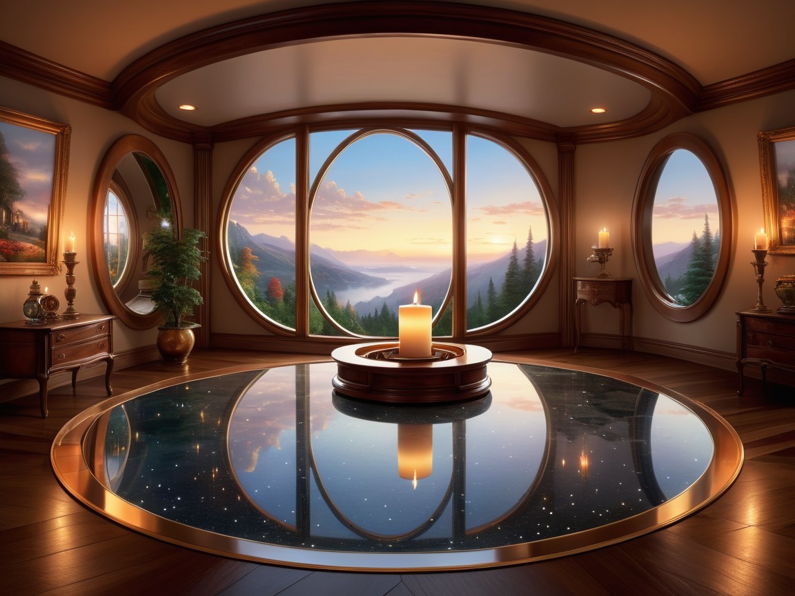 Serene room with mountain views and warm lighting