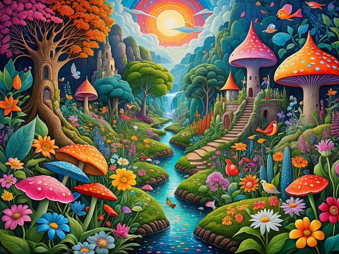 Vibrant Fairy Garden with Turquoise River and Flora