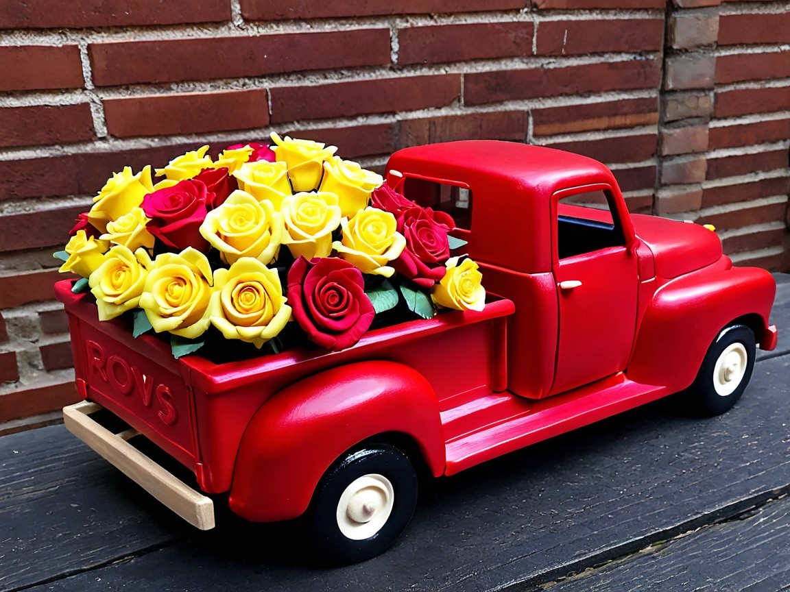 Vibrant Red Toy Truck with Colorful Flower Bouquet