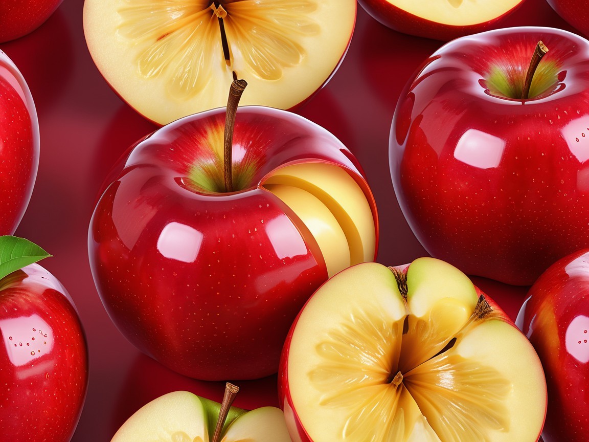 Glossy Red Apples Displayed on Smooth Red Surface