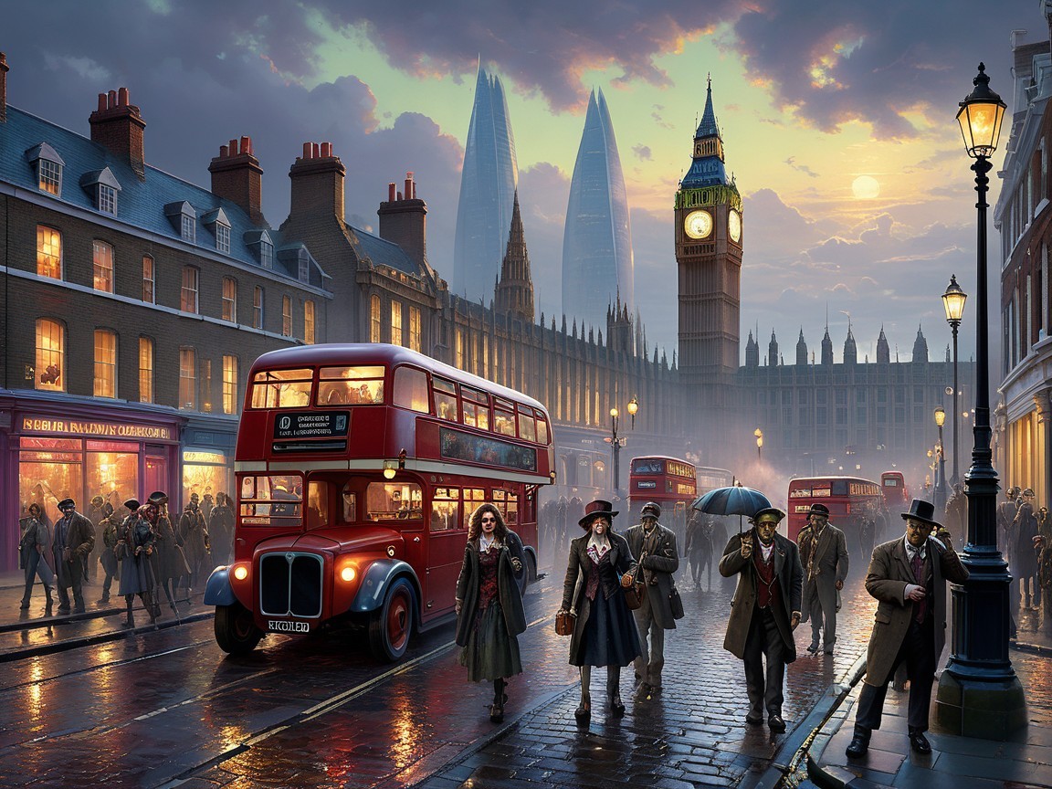 London Street Scene with Vintage Bus and Big Ben