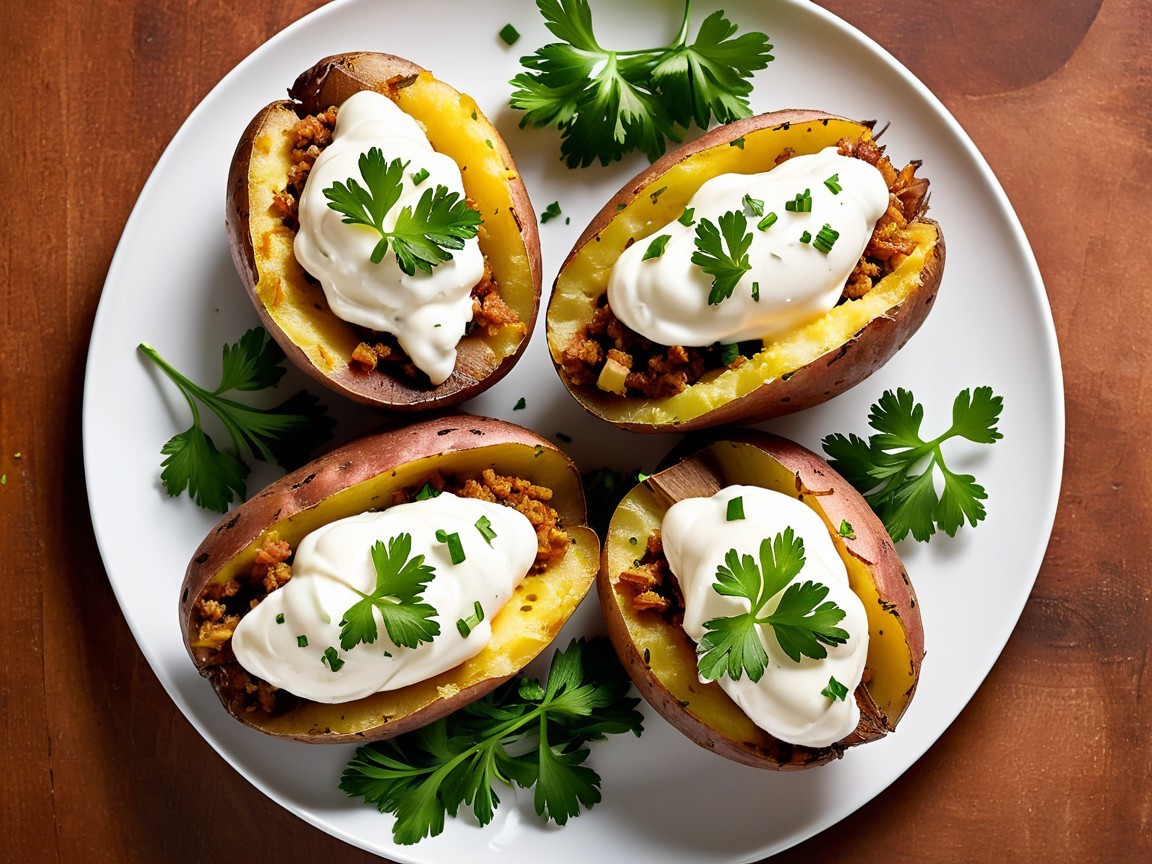 Baked Sweet Potatoes with Savory Meat Filling and Sour Cream