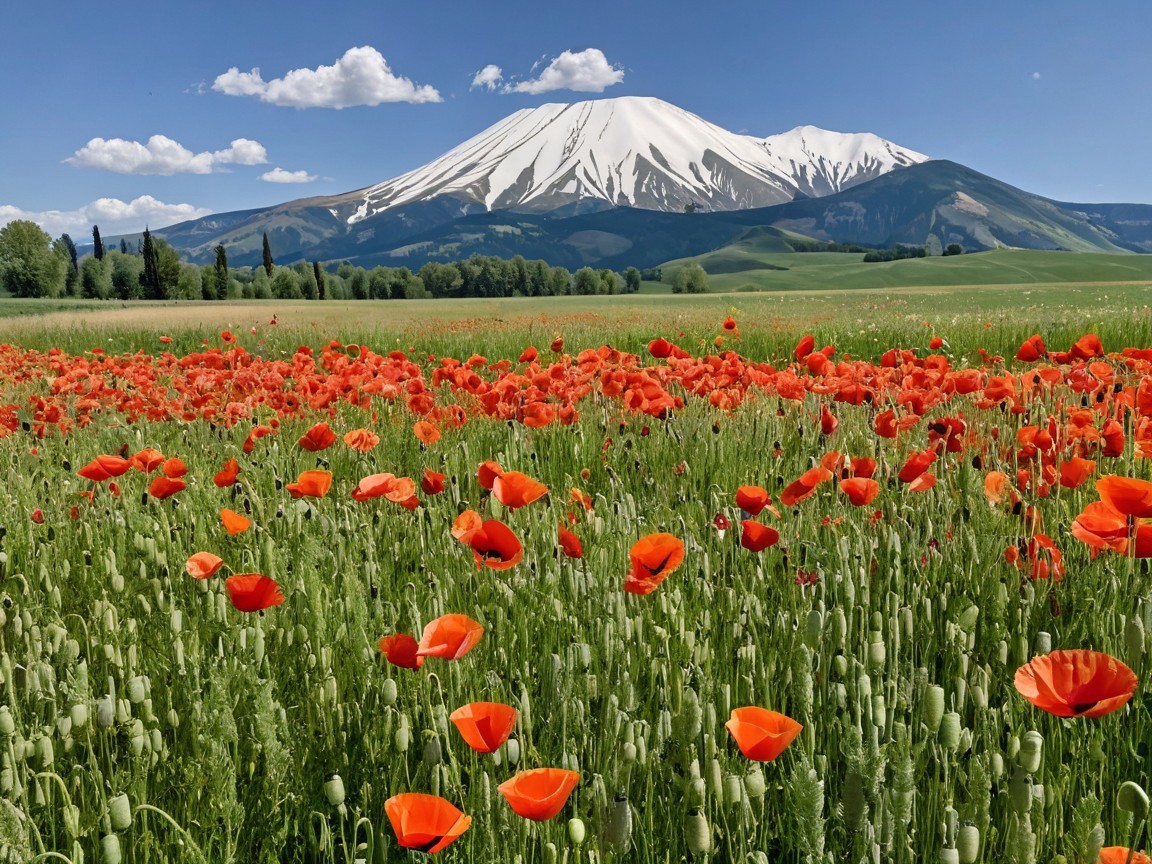 Vibrant Red Poppy Field with Snow-Capped Mountains