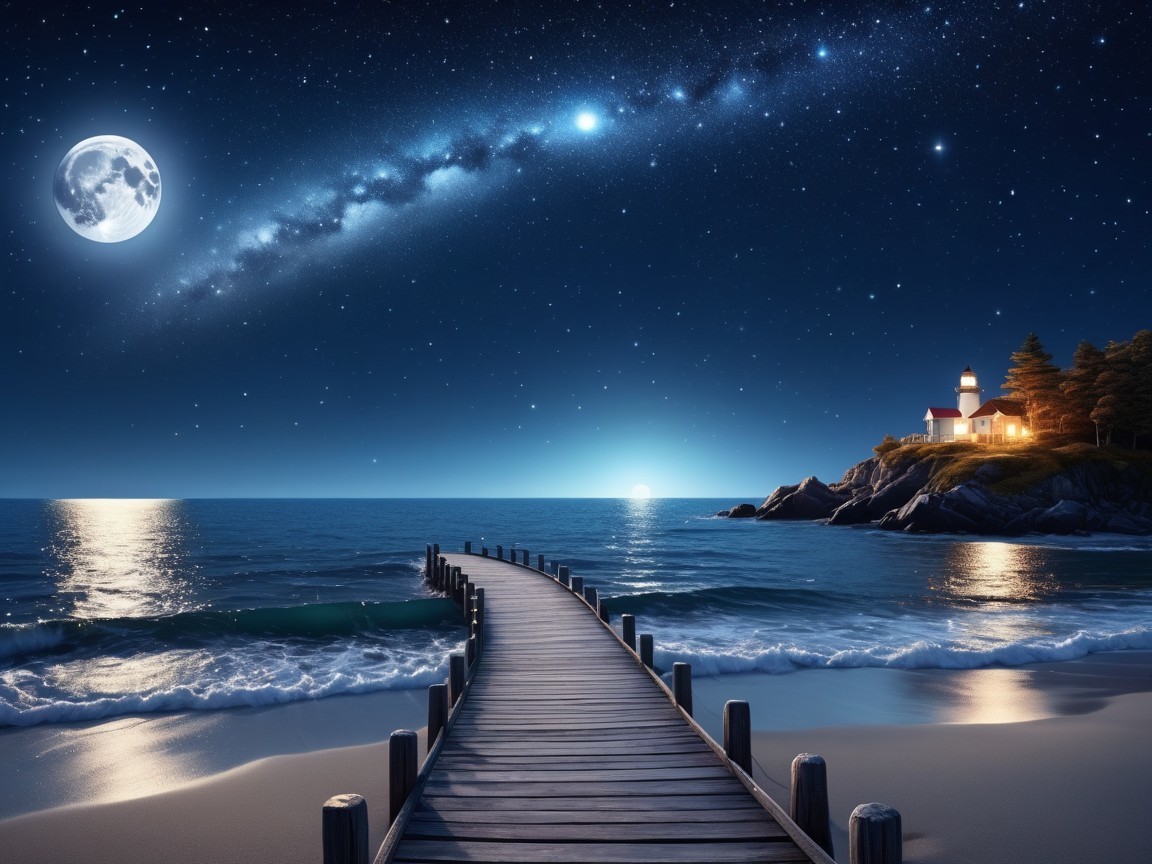 Serene Night Scene with Pier, Lighthouse, and Stars