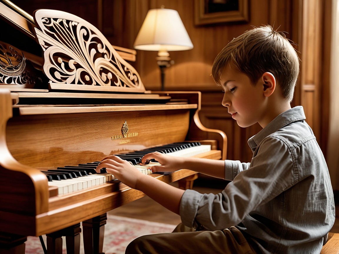 Young Boy Playing Piano in Soft Evening Light