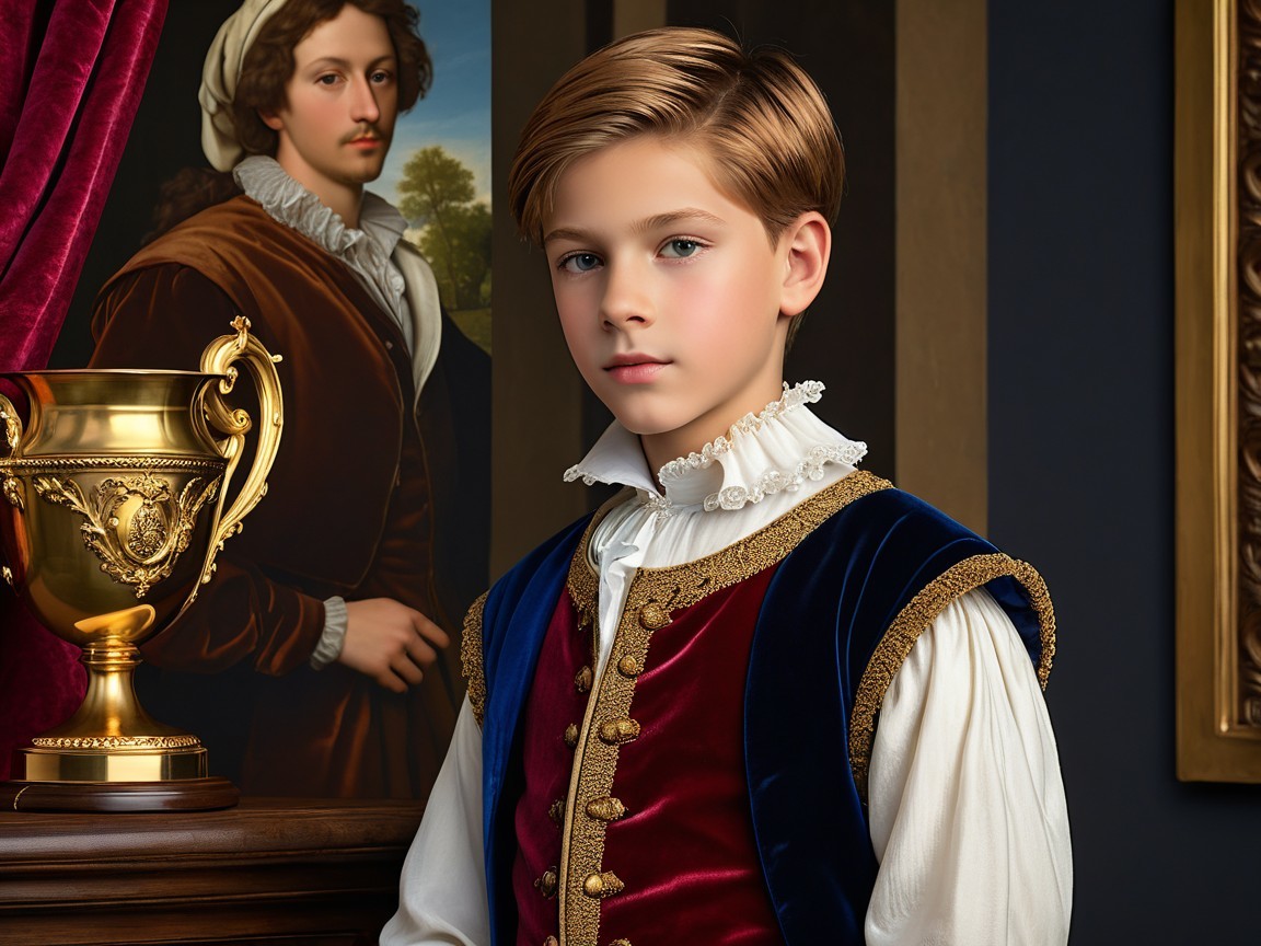 Portrait of a boy in vintage attire with an old painting