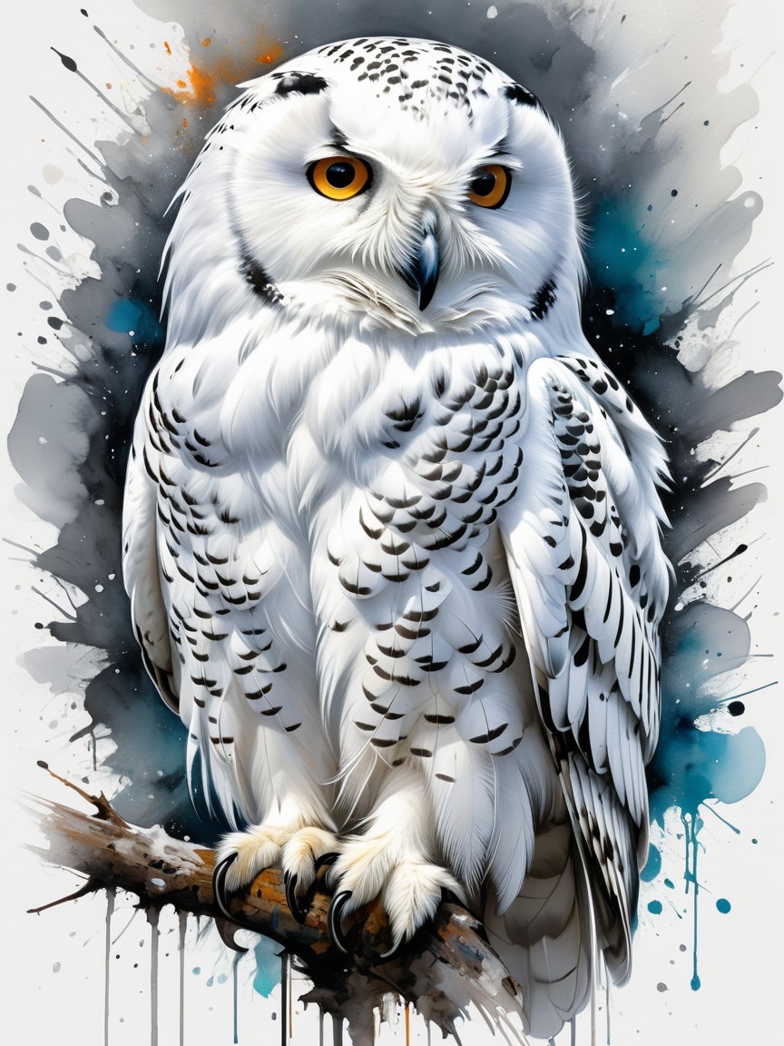 Snowy owl perched with striking feathers and vibrant colors