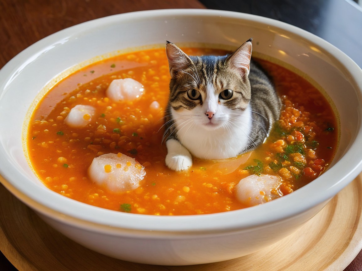 Tabby Cat Nestled in Bowl of Colorful Soup