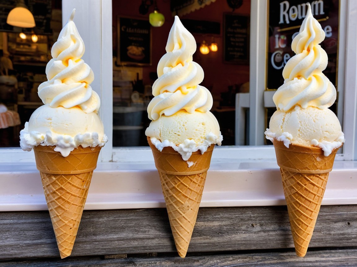 Three Ice Cream Cones with Soft Serve and Whipped Cream