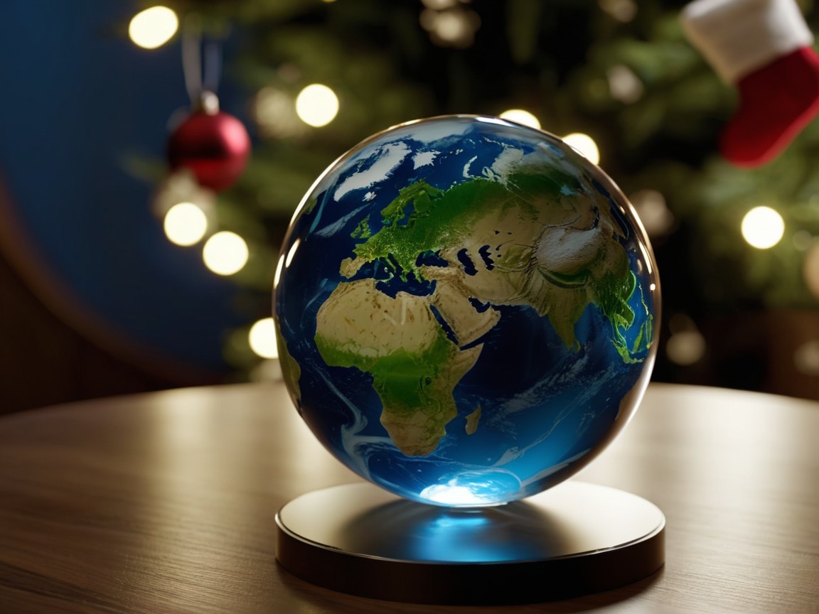 Illuminated Globe on Table with Christmas Tree Background